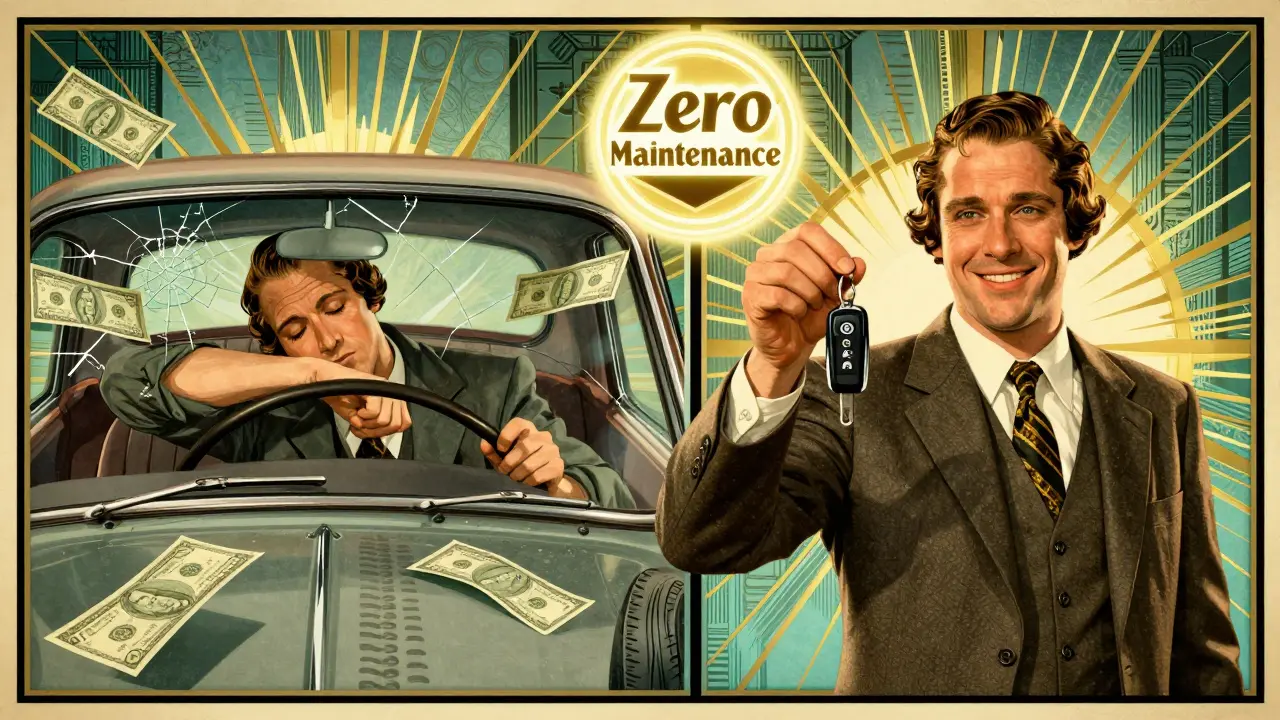 Split-panel Art Deco poster comparing rental ease versus ownership burdens with geometric elements.