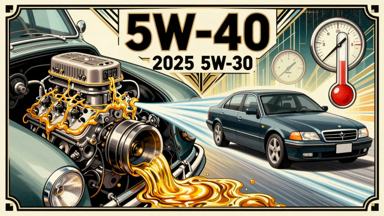 Split scene: thick 5W-40 oil protects an old engine, thin 5W-30 flows into a modern one.