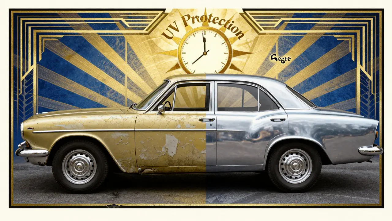 Сравнение дешевой и премиум-хром-пленки: одна потускнела, другая блестит как зеркало, в стиле ар-деко.