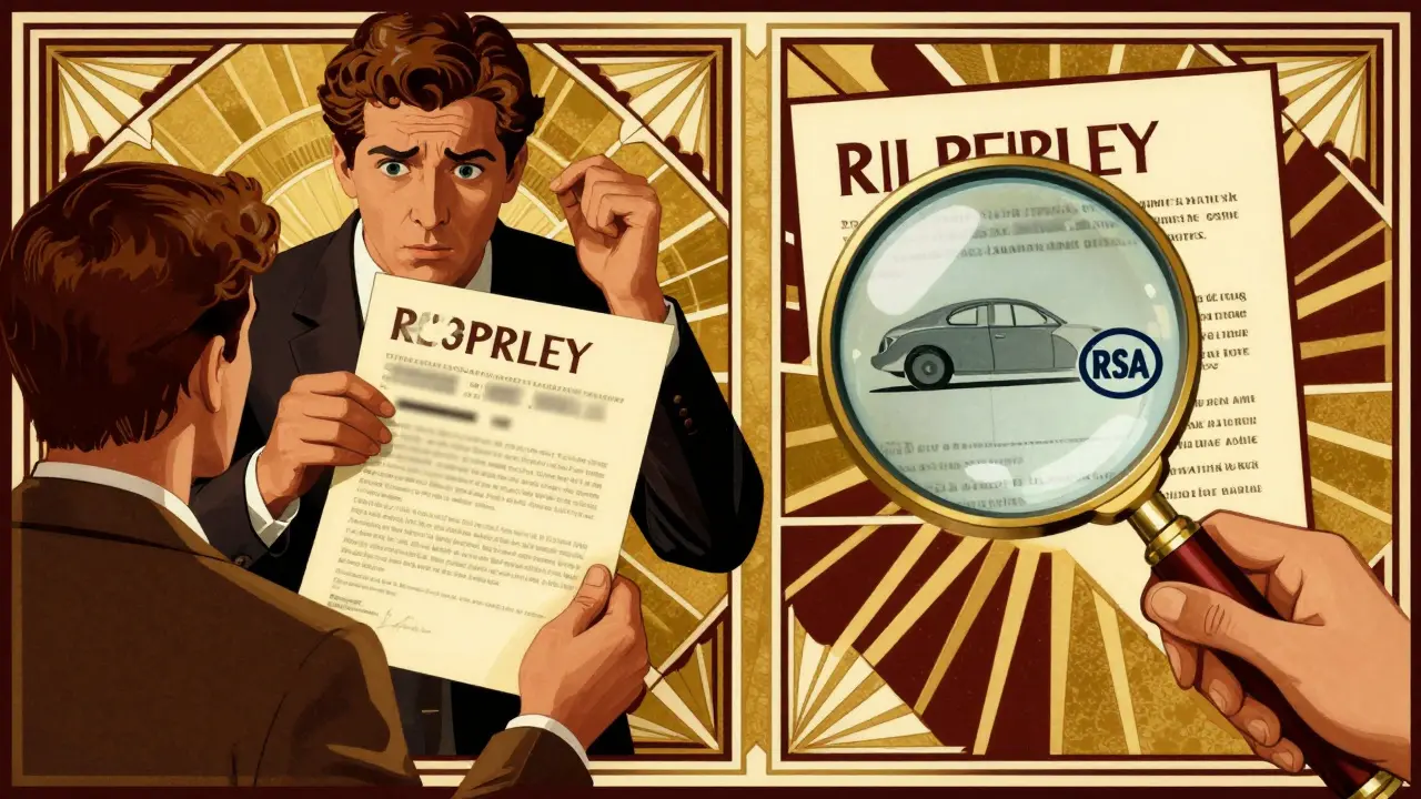 Сравнение поддельного и настоящего полиса ОСАГО под лупой с водяными знаками и геометрическими узорами.