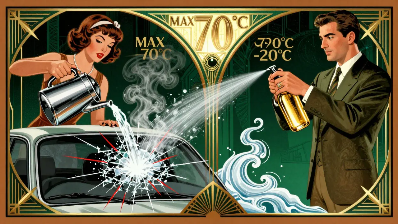 Сравнение: с одной стороны — горячая вода вызывает трещины, с другой — безопасный спрей тает лёд, с декоративными температурными метками.