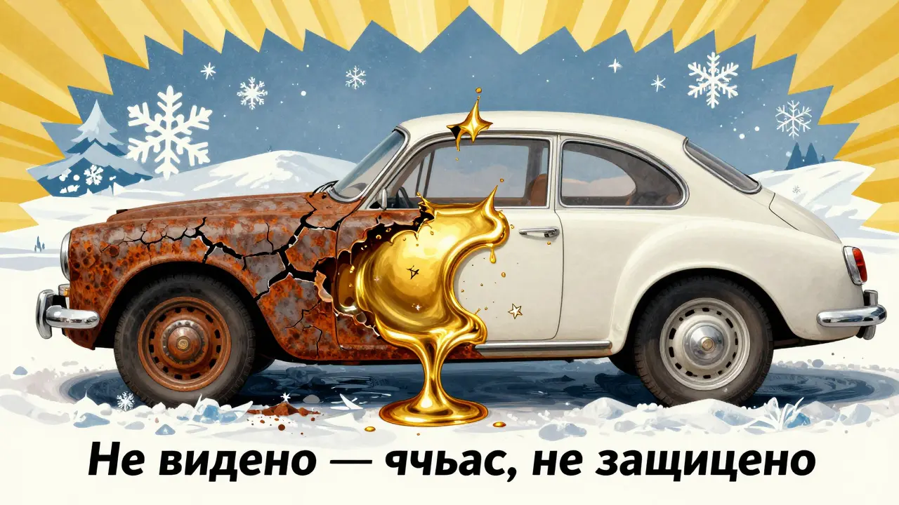 Сравнение тонкой заводской краски и толстого защитного слоя на срезе кузова в стиле ар-деко.