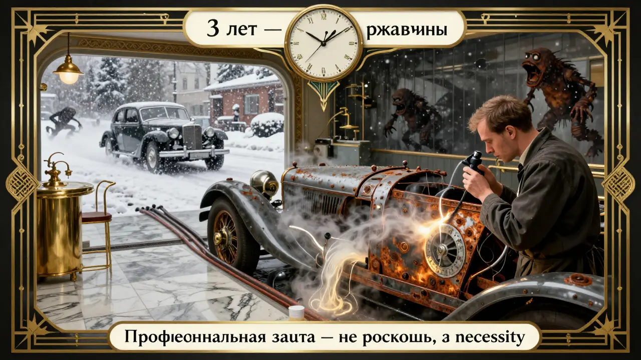 Техник осматривает скрытую полость автомобиля эндоскопом, внутрь втекает золотистый защитный состав.