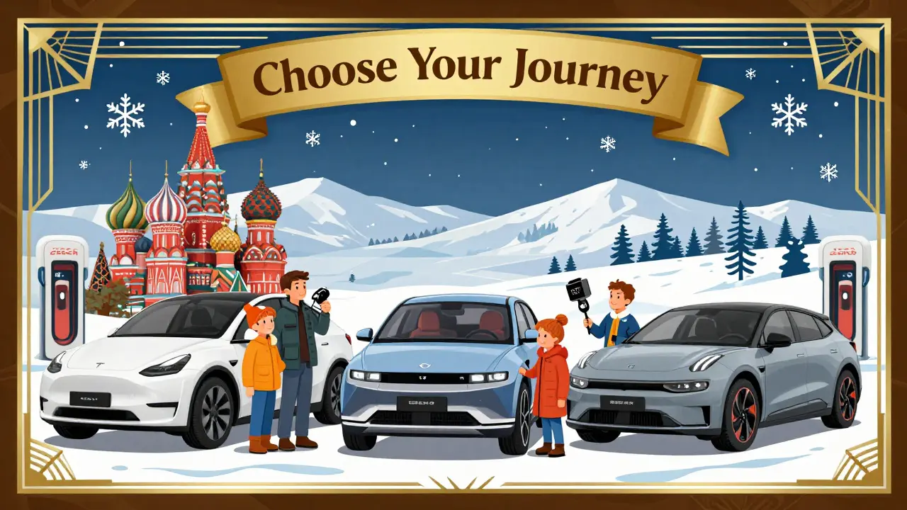 Три семьи в разных регионах России стоят рядом с подходящими им электрокроссоверами в стиле ар-деко.