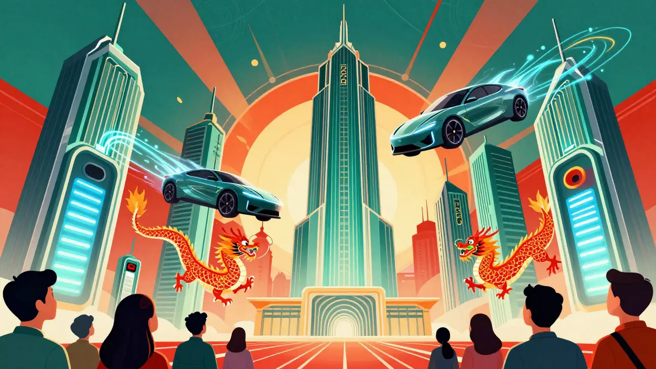 Vibrant Art Deco scene of Auto Shanghai with glowing energy lines and futuristic vehicles in mid-air.