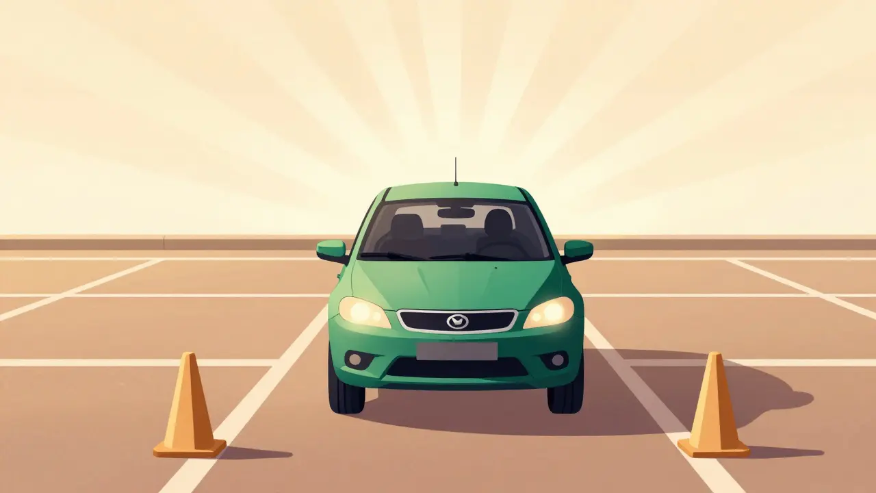 Водитель практикует парковку в пустом месте для тренировки.