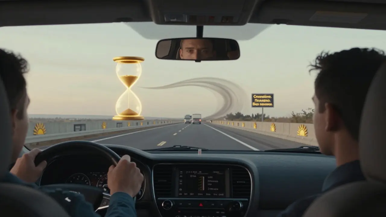 Водитель спокойно едет по трассе, дистанция до передней машины обозначена золотым песочным часом.