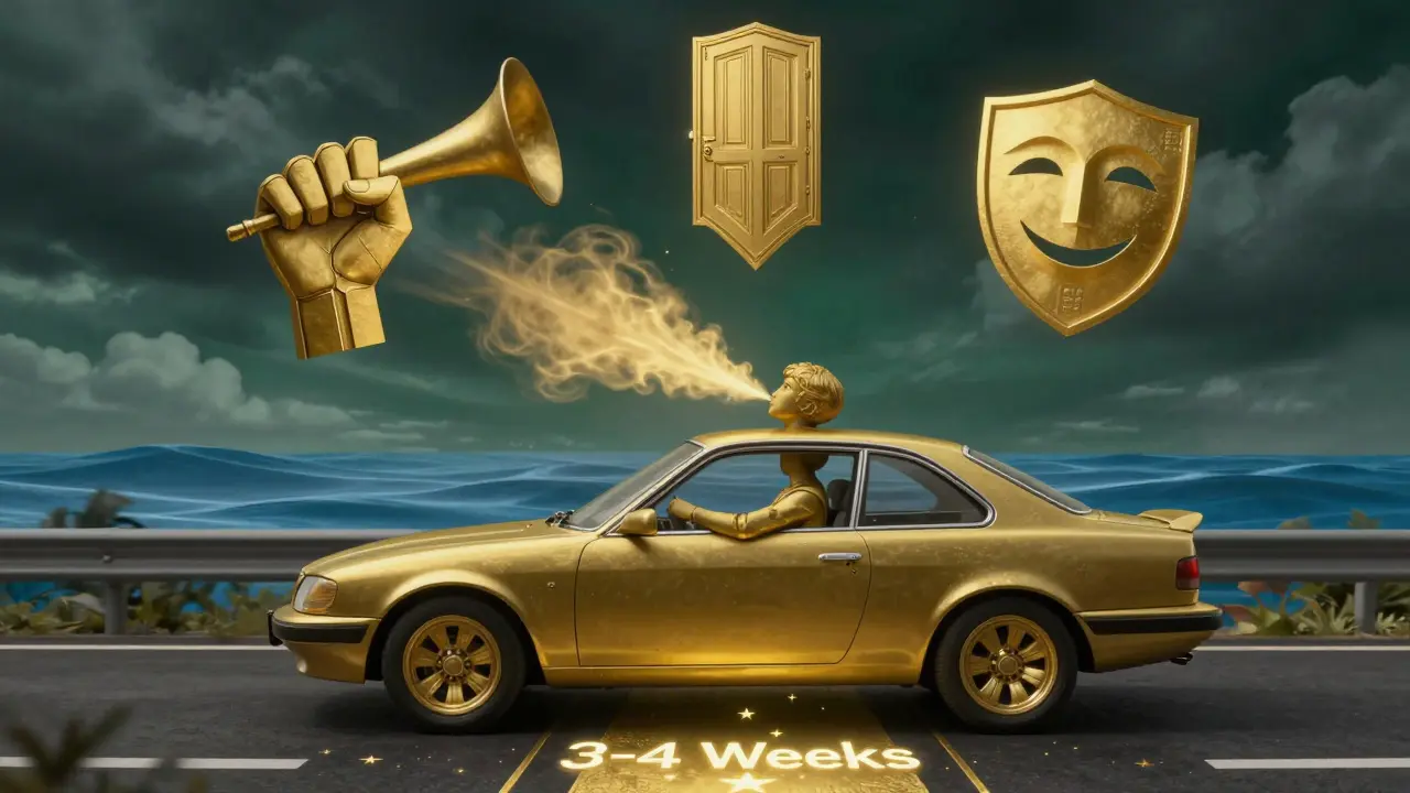 Водитель выполняет дыхательную технику в виде золотого квадрата, вокруг него — символы спокойствия и безопасности.