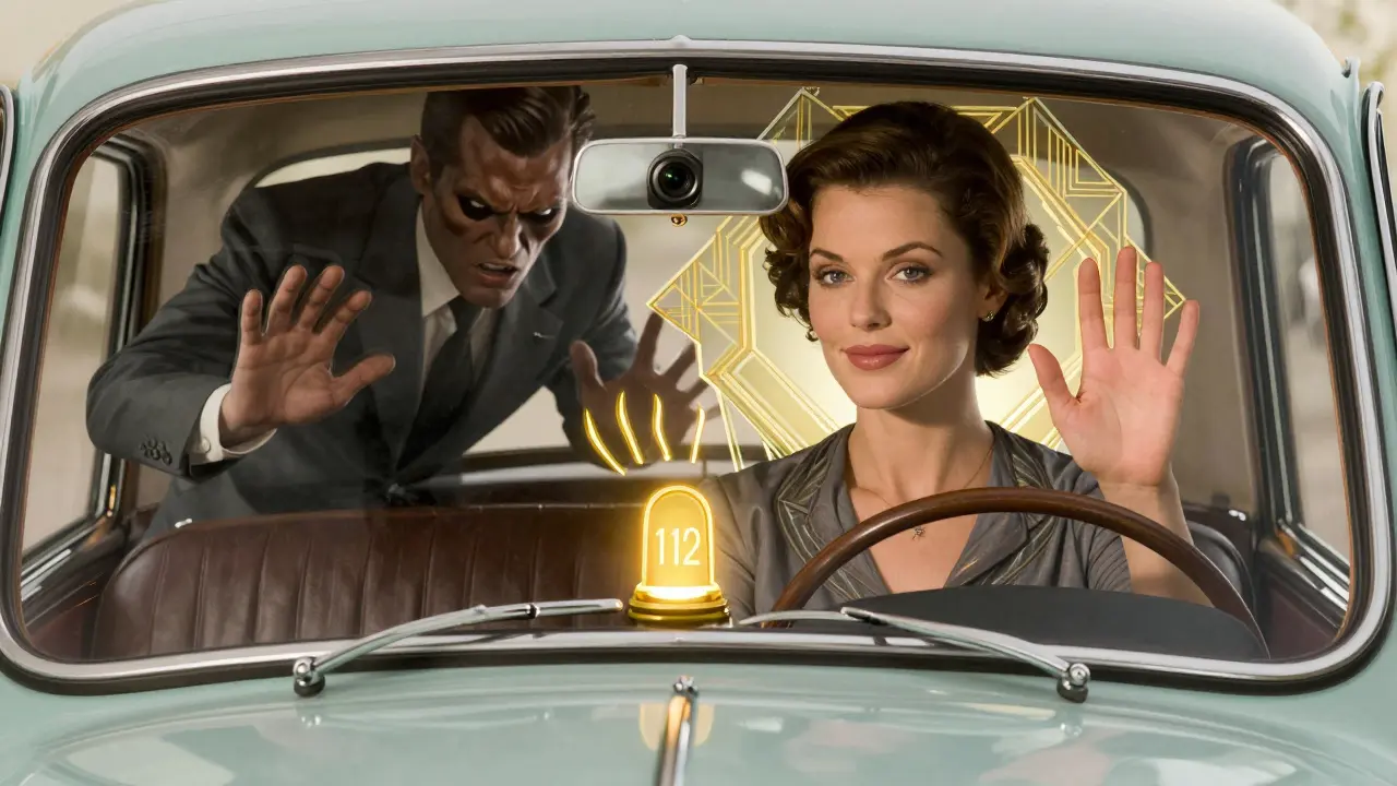 Женщина-водитель спокойно вызывает полицию, пока агрессор стучит по окну — вокруг неё светится защитное сияние.