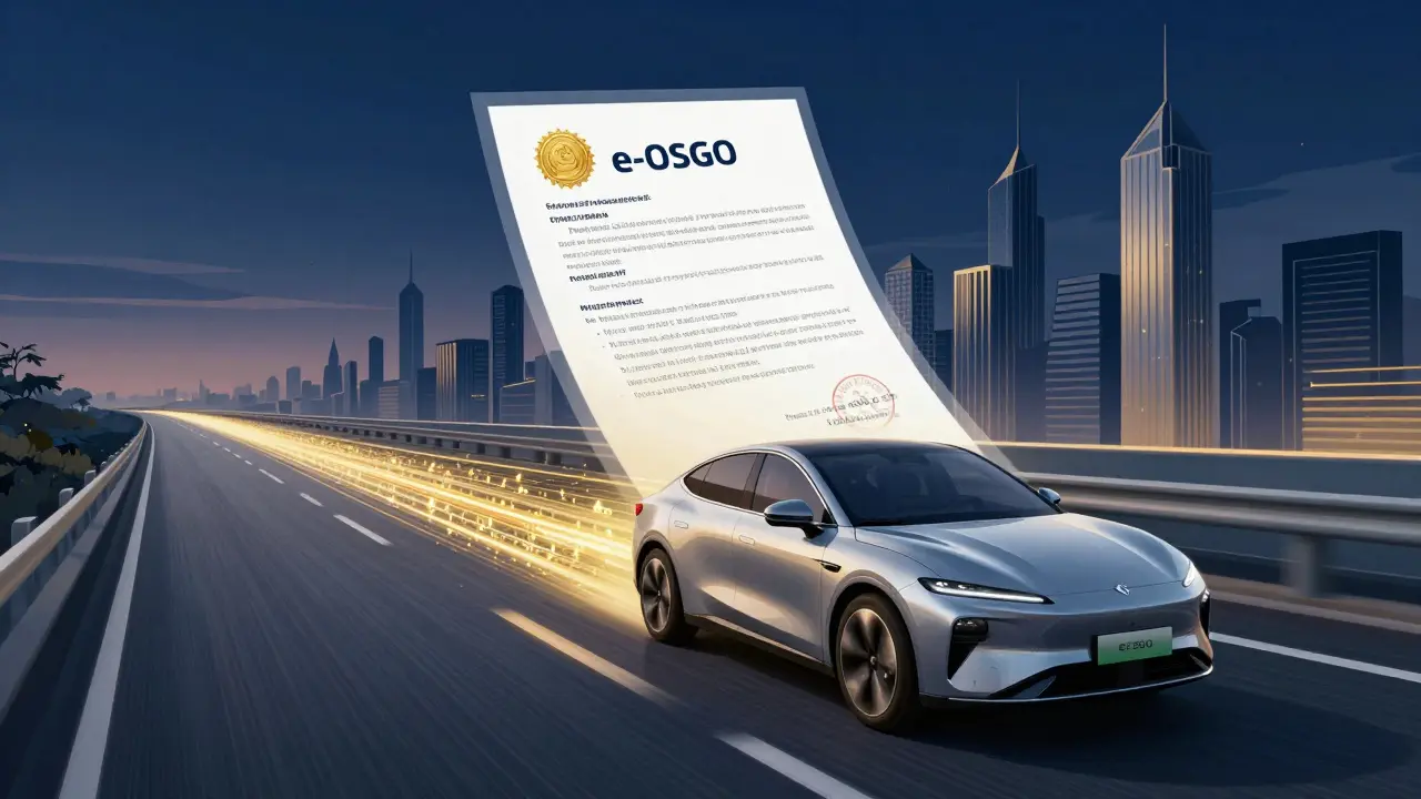 Автомобиль на цифровой дороге с электронным полисом ОСАГО в стиле ар-деко