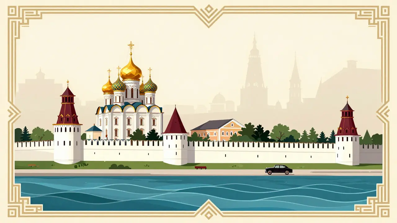 Белые стены кремля на фоне Волги с классической машиной