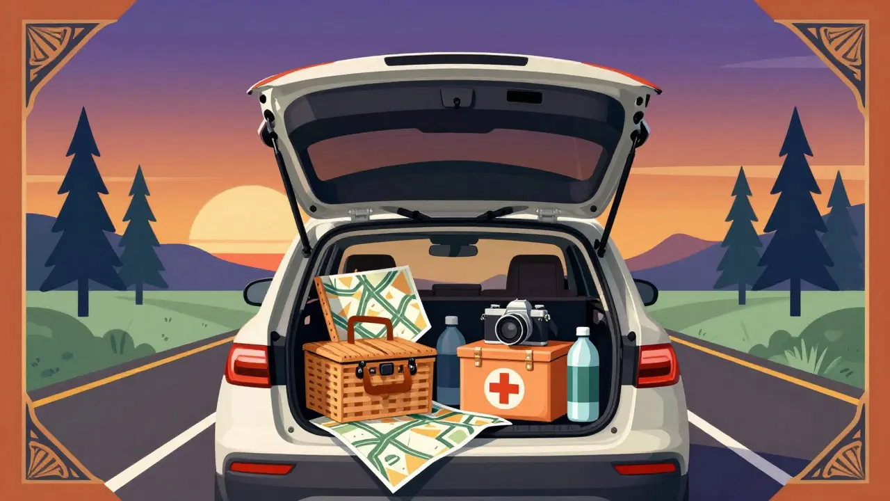 Чемодан с вещами для поездки на закате в декоративном стиле