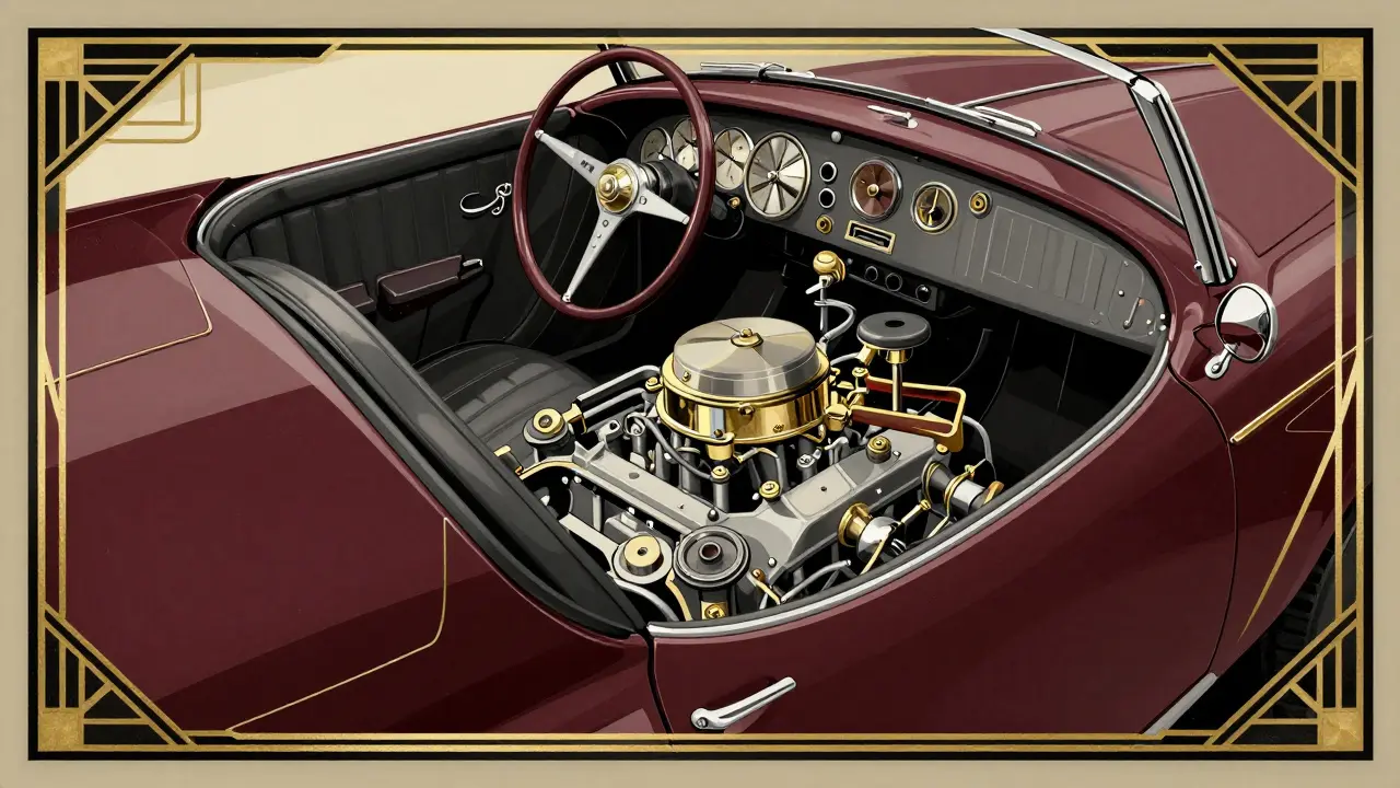 Детали классического авто в мастерской в художественном стиле ар-деко