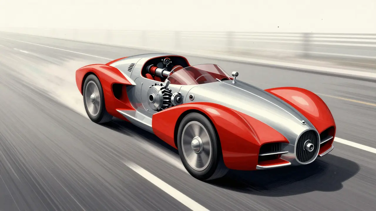 Динамичный автомобиль на трассе в индустриальном стиле ар-деко