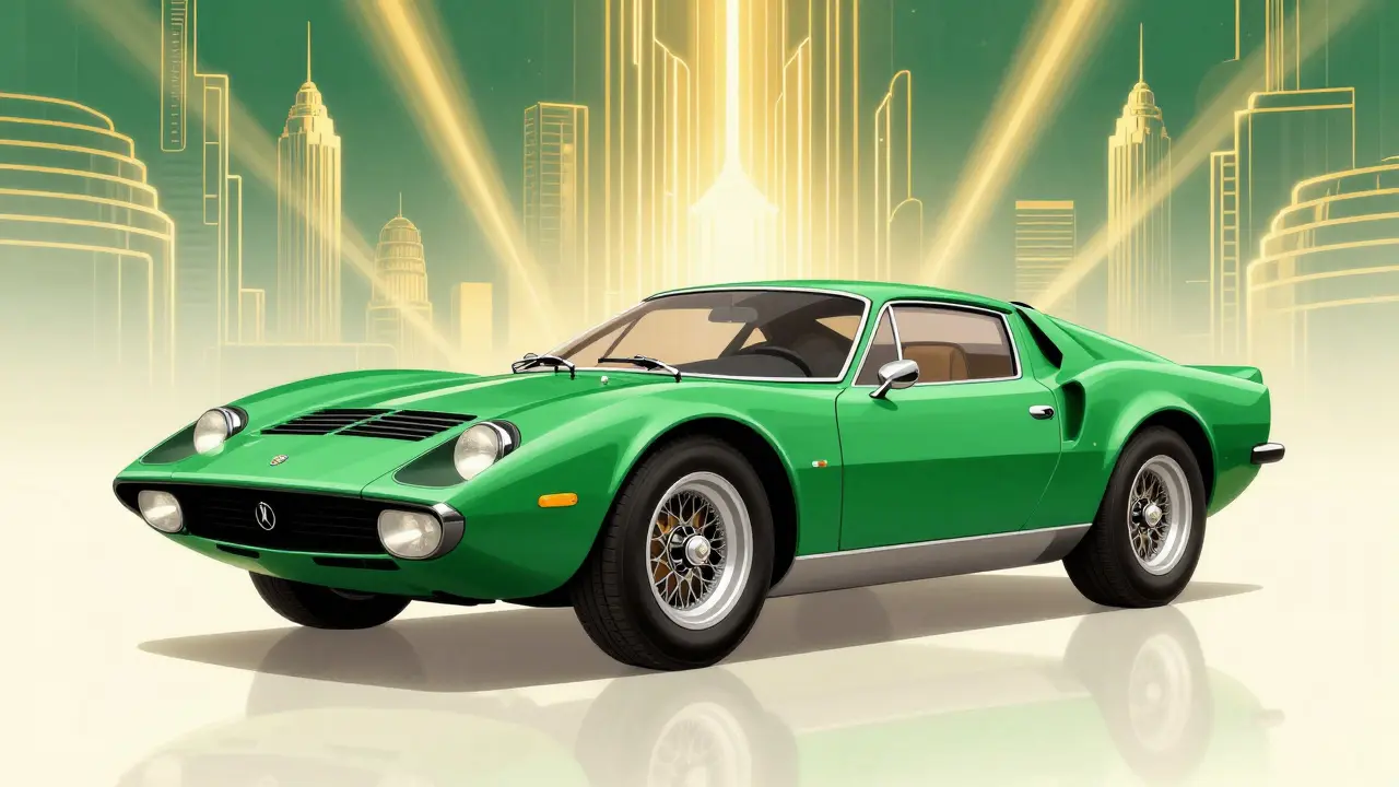 Футуристичный спорткар в стиле ар-деко на фоне города будущего