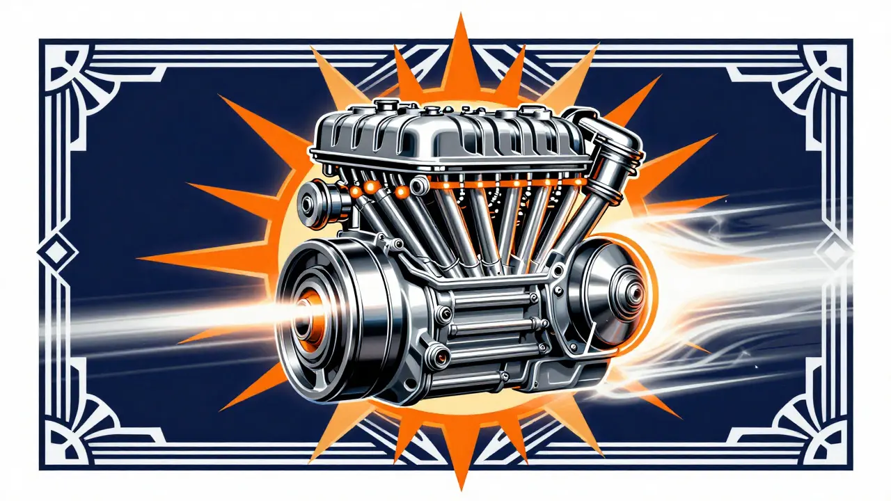 Геометрическое изображение двигателя Москвича-412 в стиле рекламного плаката арт-деко