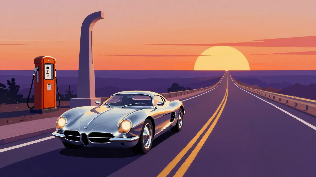 Гибридный автомобиль на дороге на закате в стиле ар-деко