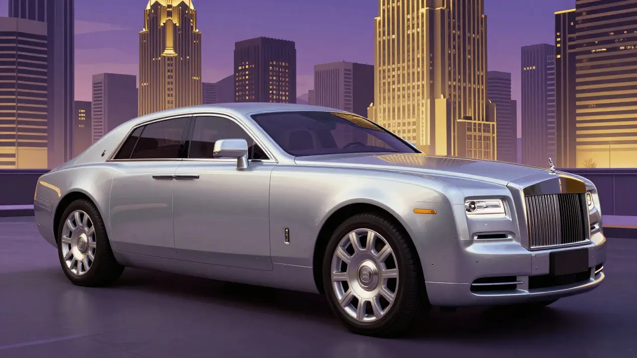 Идеально оклеенный автомобиль на фоне города в стиле рекламного плаката ар-деко