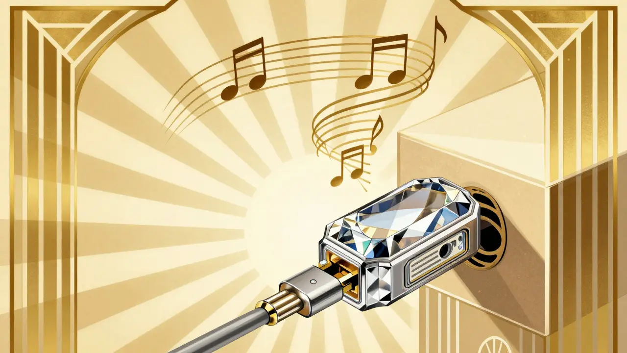 Крупный план Bluetooth-адаптера в AUX-порте с геометрическими звуковыми волнами вокруг