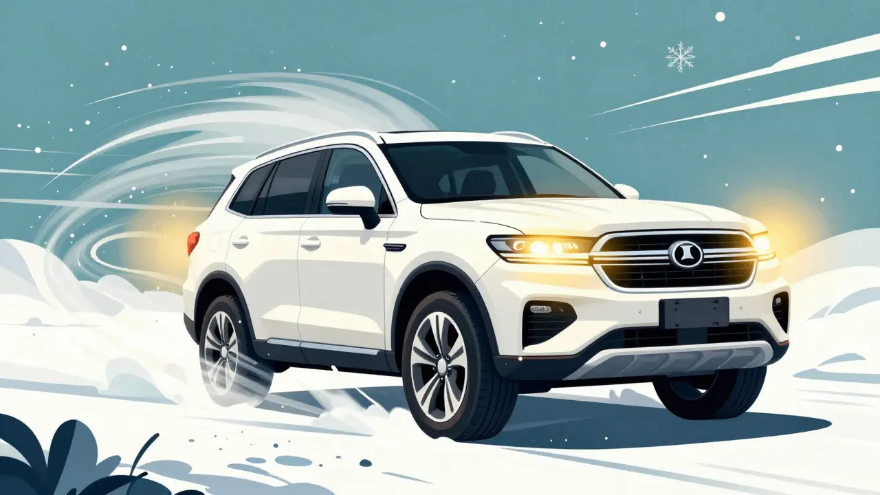 Мощный внедорожник, заведенный в сильный мороз, в стиле ар-деко