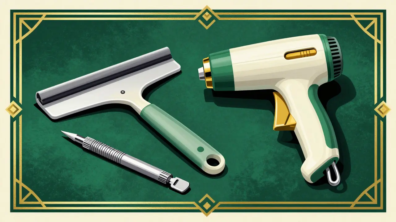 Набор инструментов для оклейки авто: шпатель, фен и скальпель в стиле ар-деко