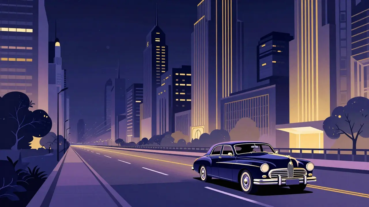 Одинокий автомобиль на пустой ночной городской улице в стиле ар-деко