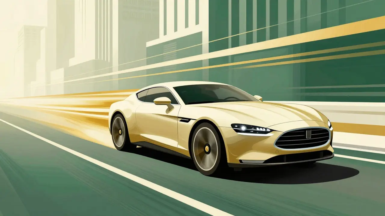 Плавное движение автомобиля в городе в стиле рекламного плаката ар-деко