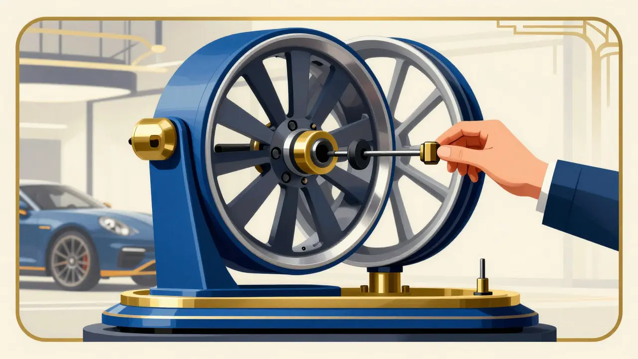 Процесс балансировки колеса на современном станке в эстетике ар-деко