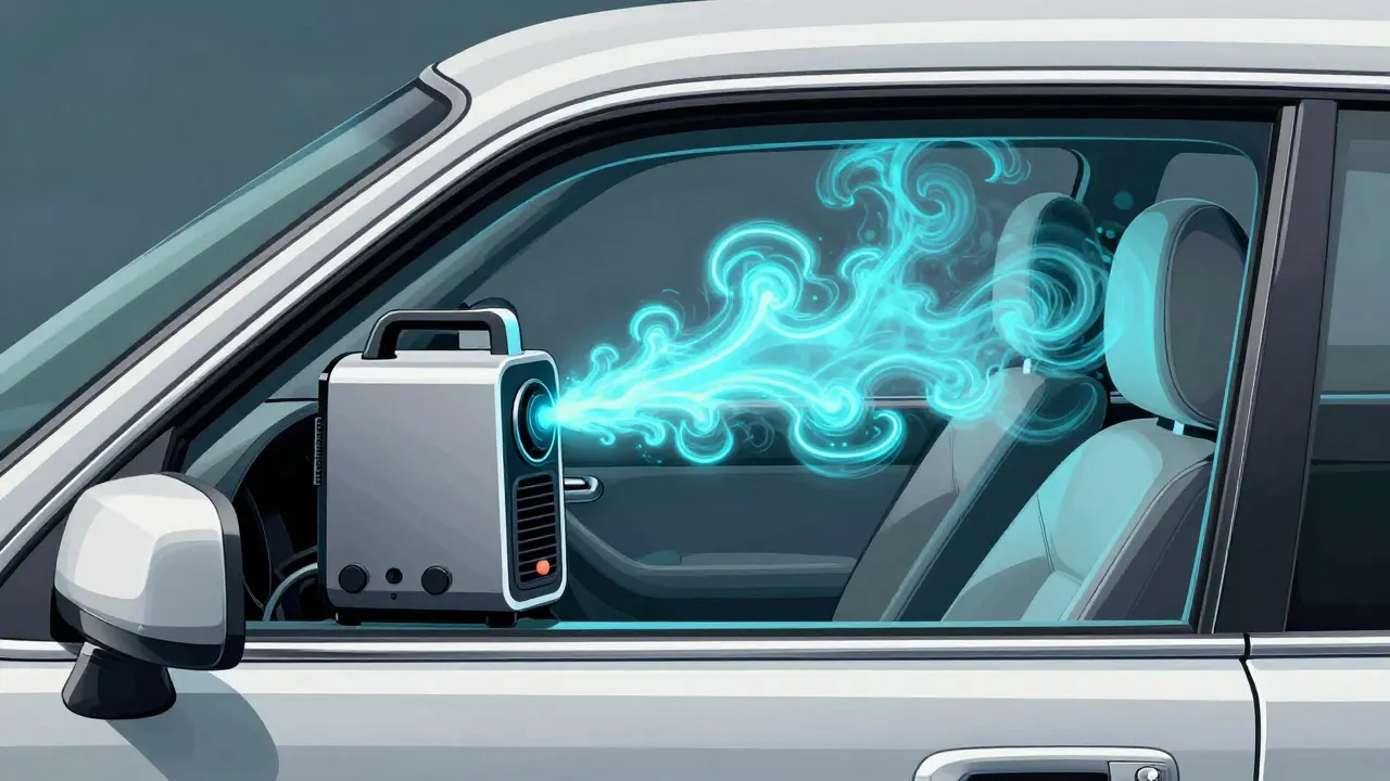 Процесс озонирования салона автомобиля в стиле арт-деко