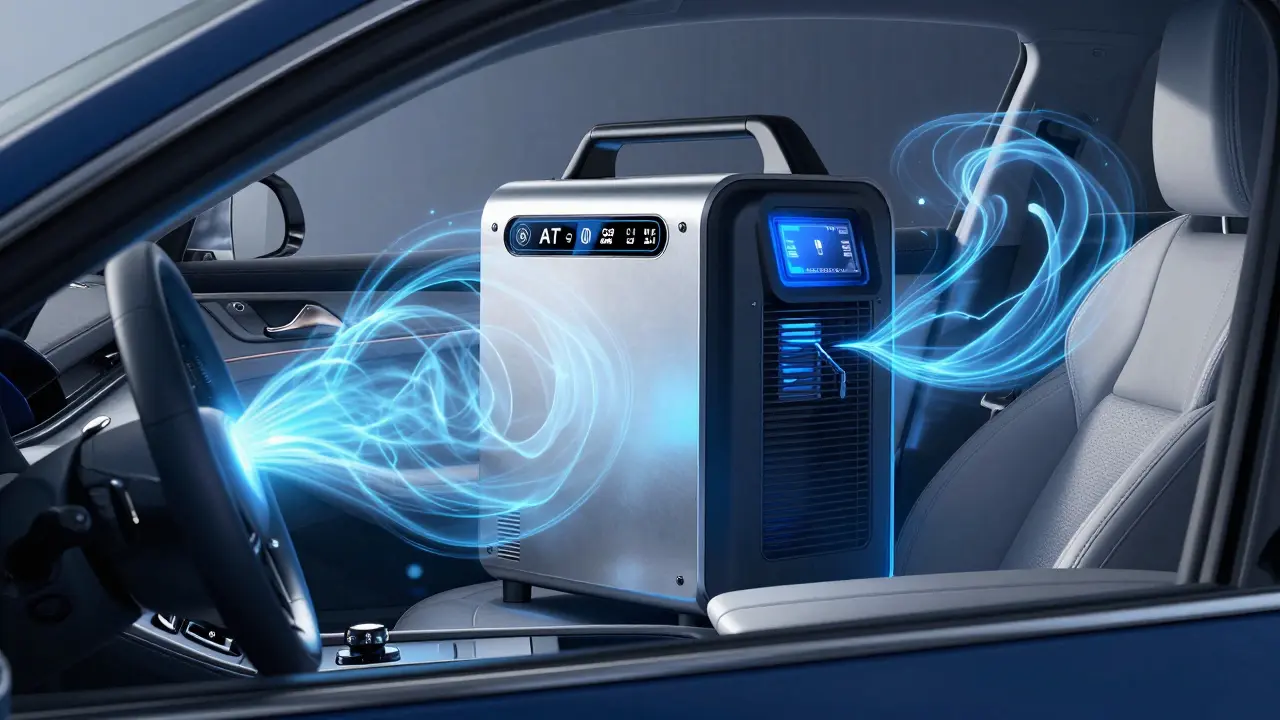 Профессиональный озонатор в салоне авто с потоками энергии
