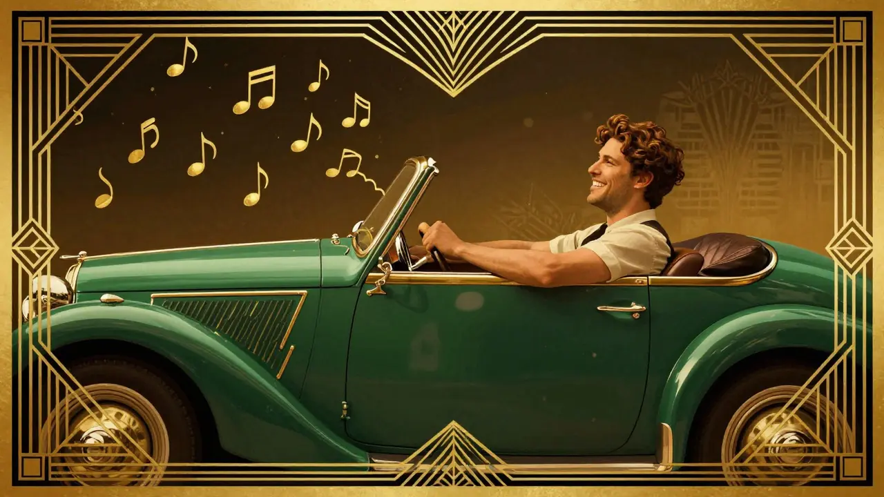 Счастливый водитель в классическом автомобиле слушает музыку через Bluetooth-адаптер