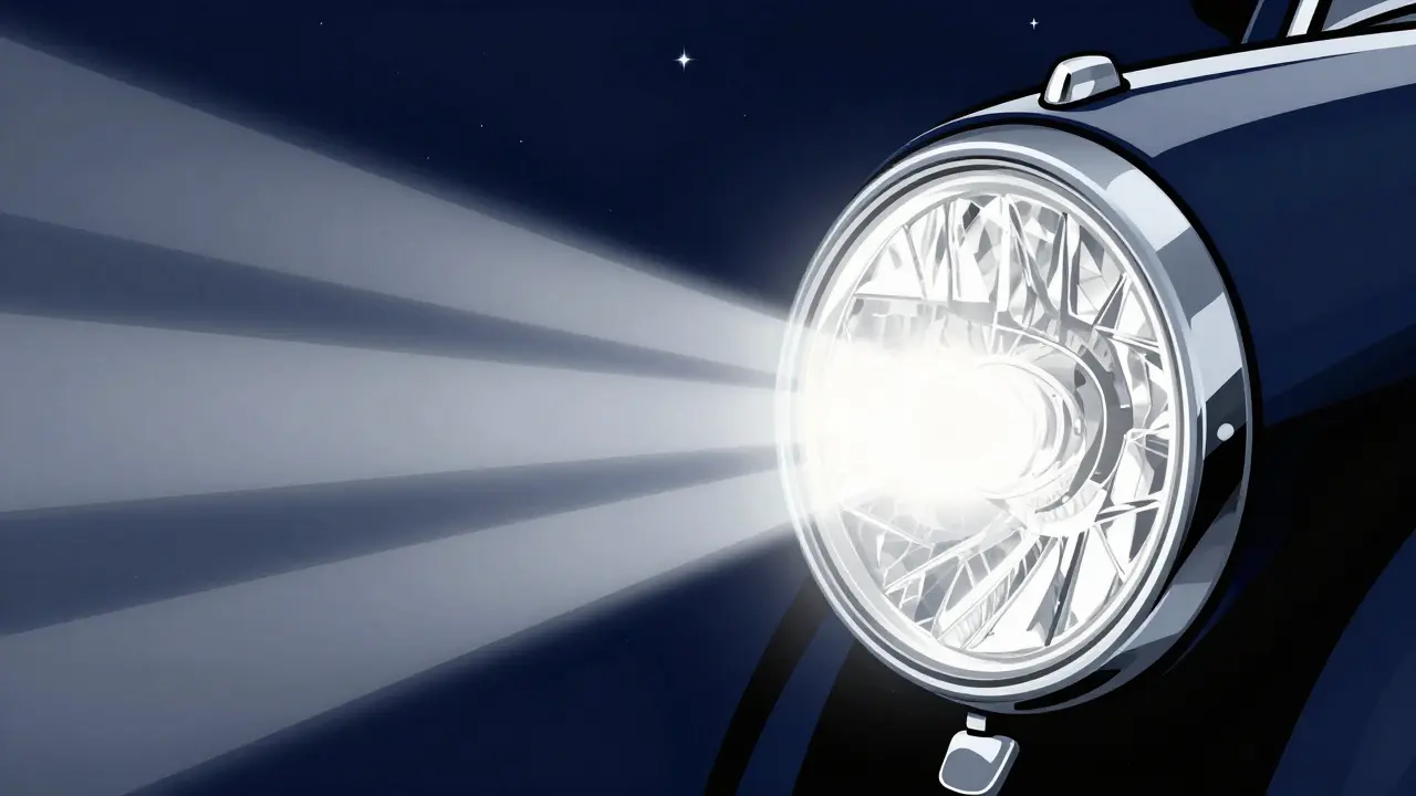 Сияющая прозрачная фара автомобиля с ярким лучом света в ночи в стиле ар-деко