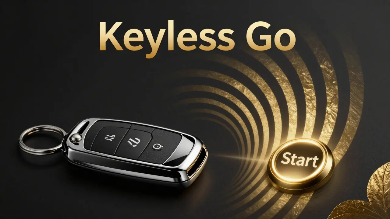 Современный автомобиль и ключ с радиоволнами в элегантном стиле ар-деко