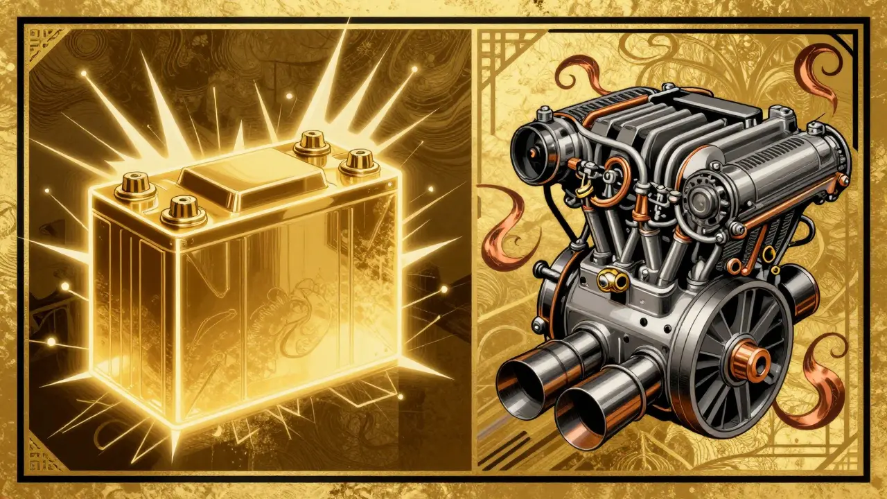 Сравнение аккумулятора и двигателя внутреннего сгорания в стиле ар-деко