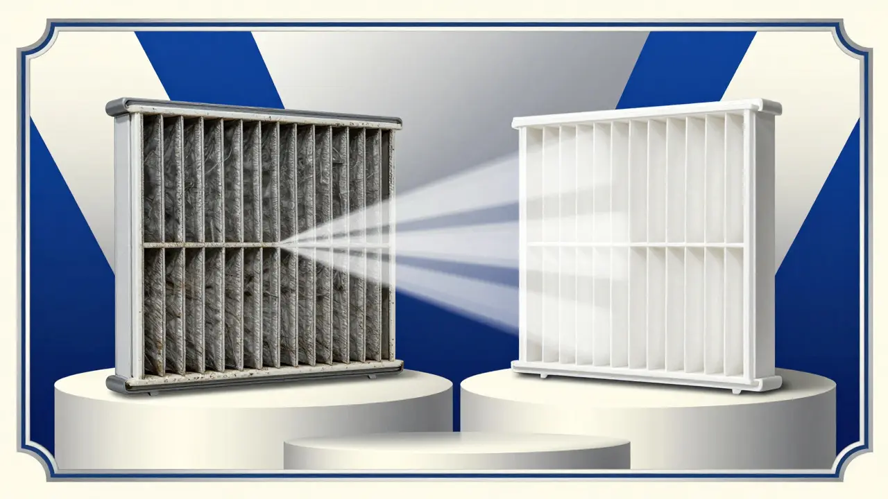 Сравнение грязного и нового воздушного фильтра в стиле рекламного плаката ар-деко