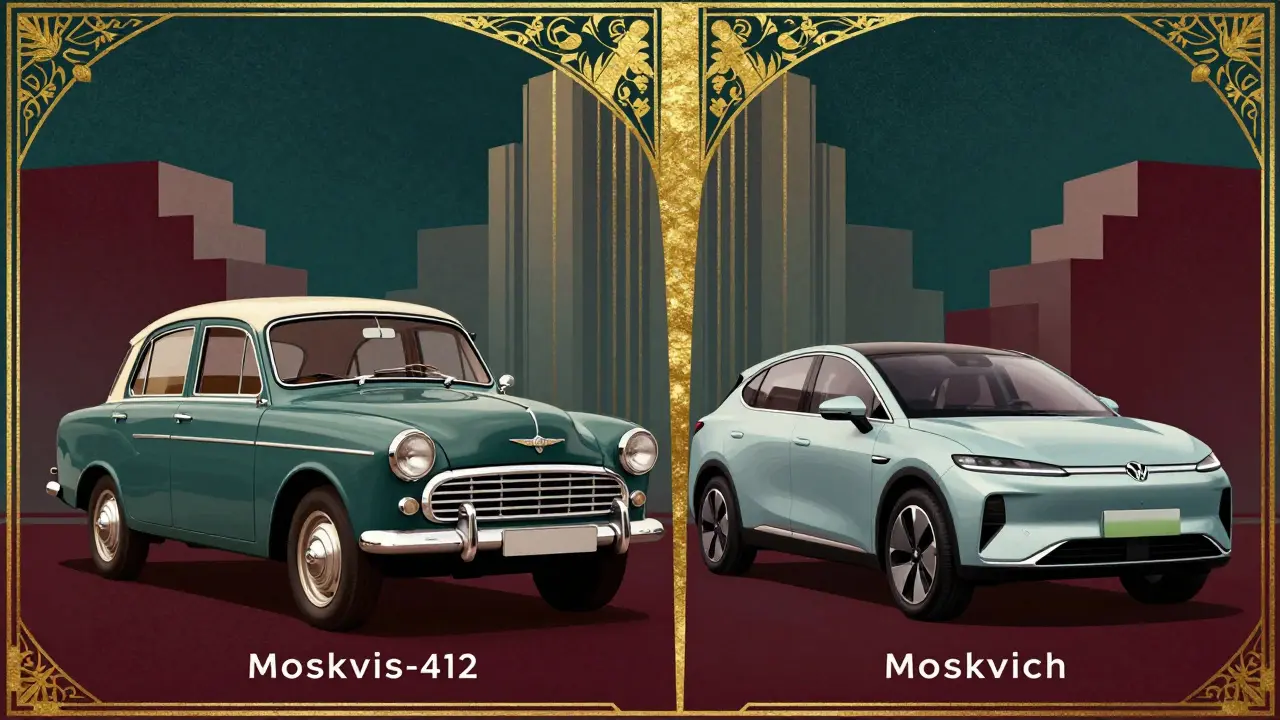 Сравнение классического Москвича-412 и современного электрокара в стиле арт-деко
