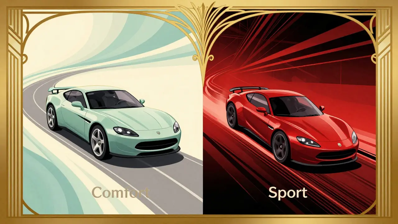 Сравнение режимов комфорт и спорт в стиле рекламного плаката арт-деко