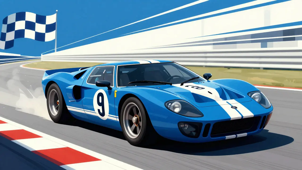 Стилизованное изображение Ford GT40 в гоночном стиле ар-деко