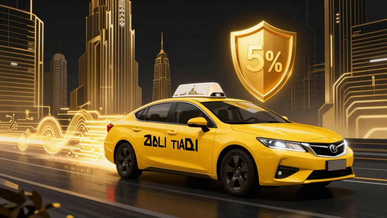 Такси с элементами цифровой телематики и современным городским фоном в рекламном стиле ар-деко