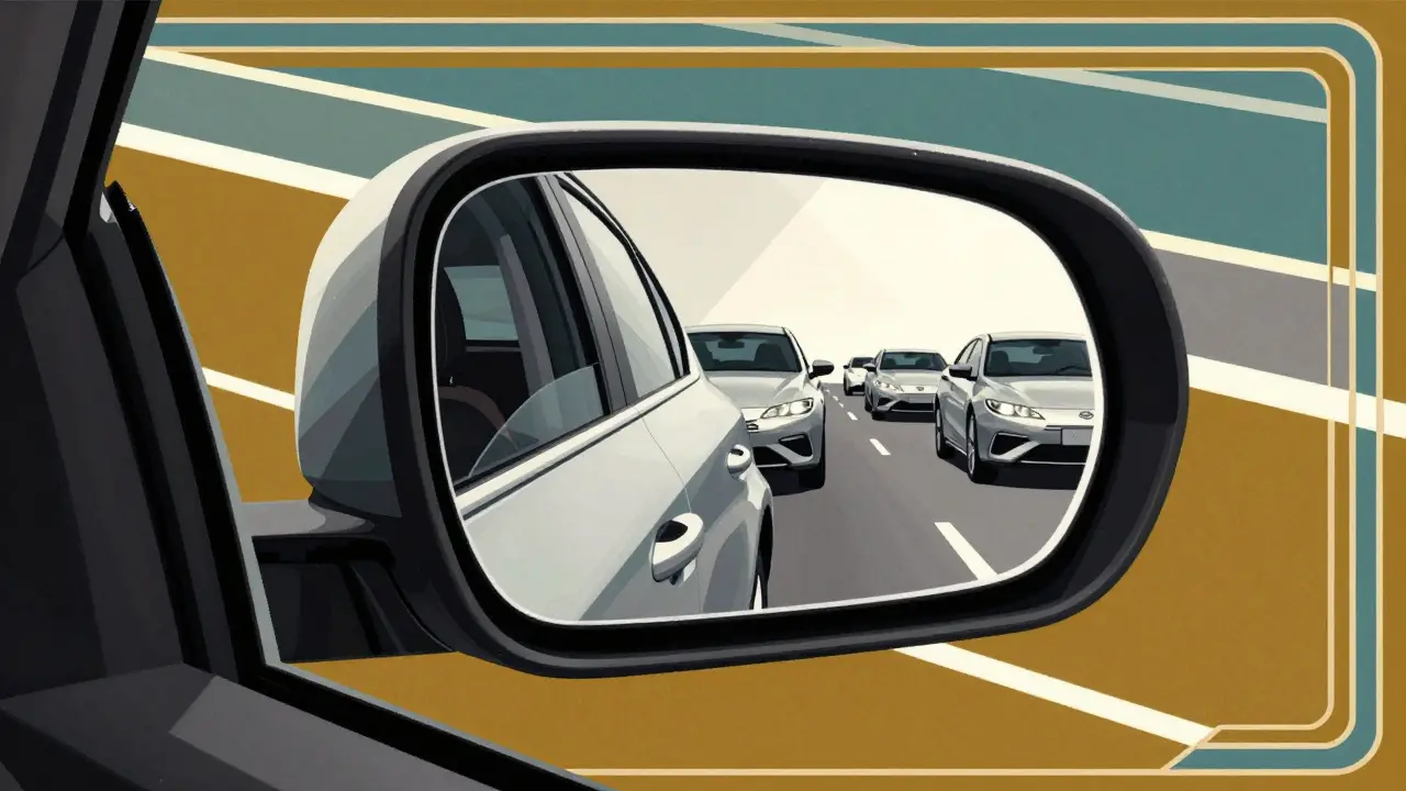 Вид в боковое зеркало автомобиля на другие машины в стиле ар-деко