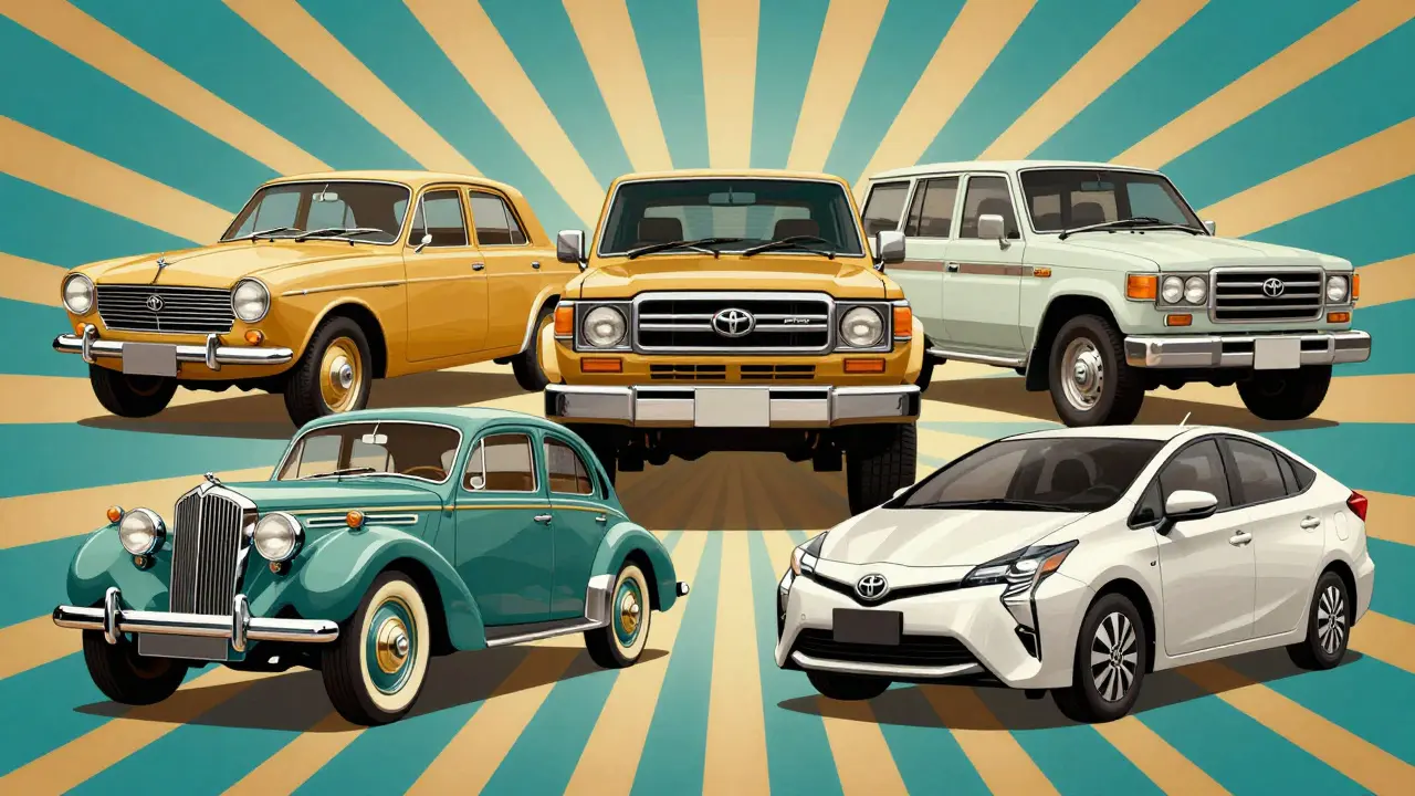 Стилизованные культовые модели Toyota в стиле арт-деко рекламы