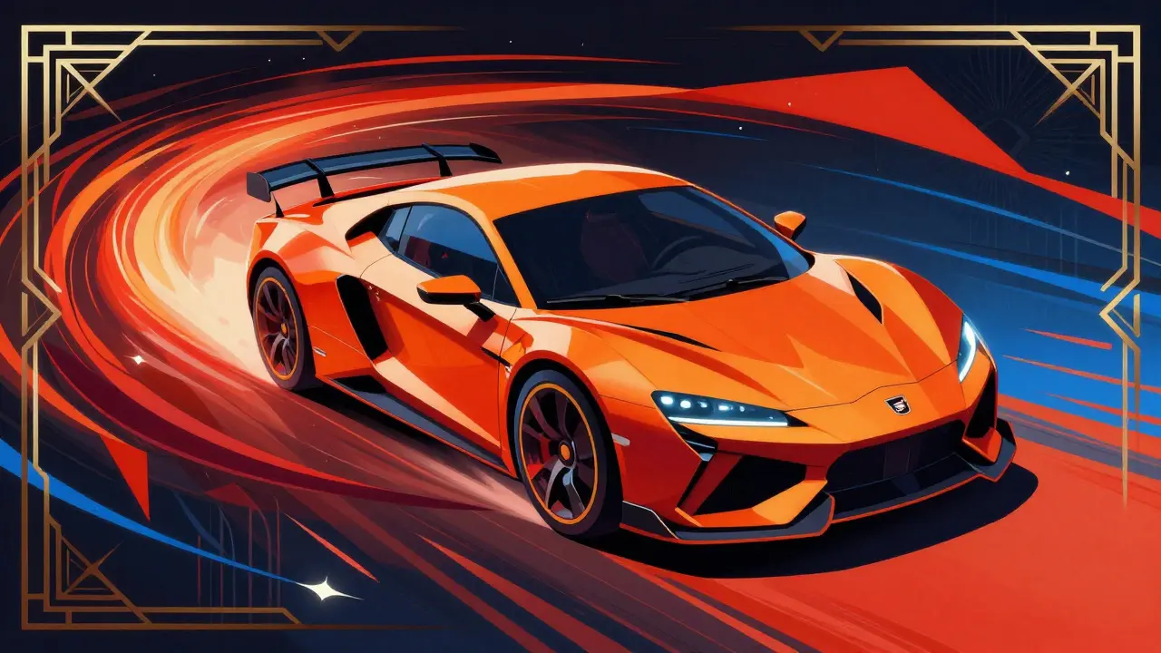 Арт-деко иллюстрация Seat: динамичный красный автомобиль в движении