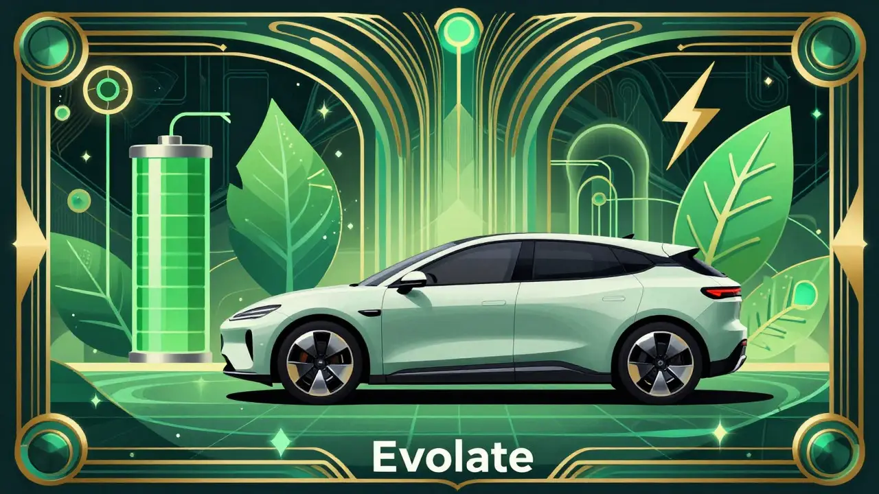 Электромобиль Evolute с символами экологии в ретро-футуристическом стиле