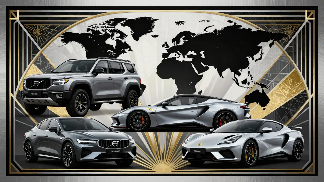 Коллаж силуэтов автомобилей Volvo, Lotus и Polestar в геометрическом стиле