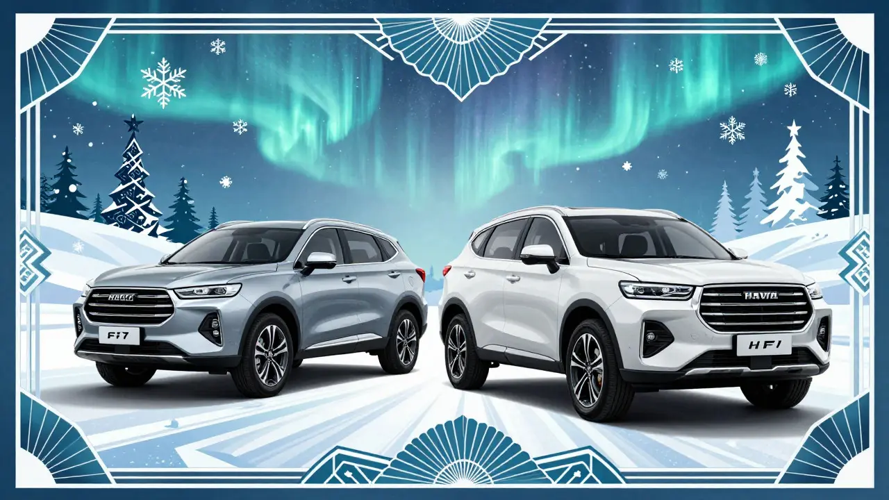 Кроссоверы Haval на фоне зимнего пейзажа в декоративном стиле ар-деко