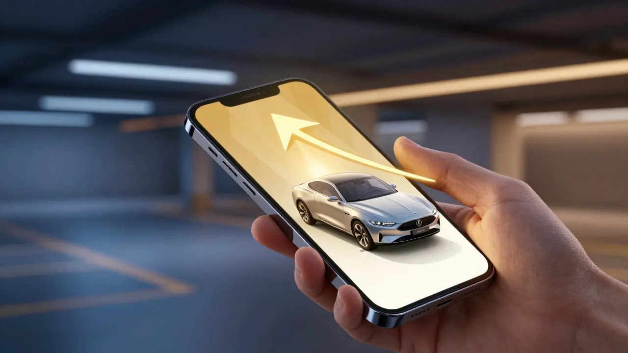 Смартфон с дополненной реальностью указывает стрелкой на припаркованный автомобиль