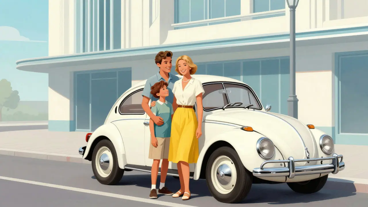 Семья у белого Volkswagen Beetle на фоне архитектуры 1950-х годов