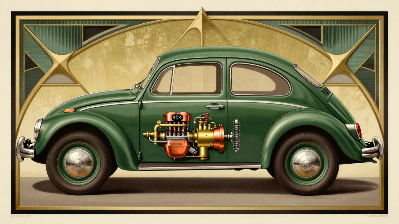 Стилизованное изображение двигателя и кузова Beetle в стиле ар-деко