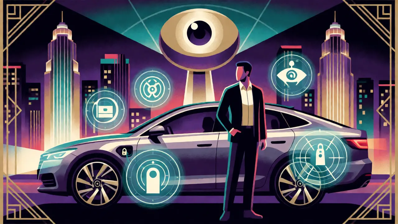 Иллюстрация ар-деко: будущее автосигнализации с элементами ИИ и GPS-трекинга
