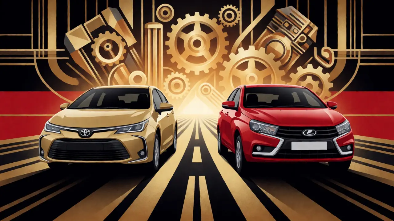 Toyota Corolla и Lada Vesta на бесконечной дороге в стиле ар-деко